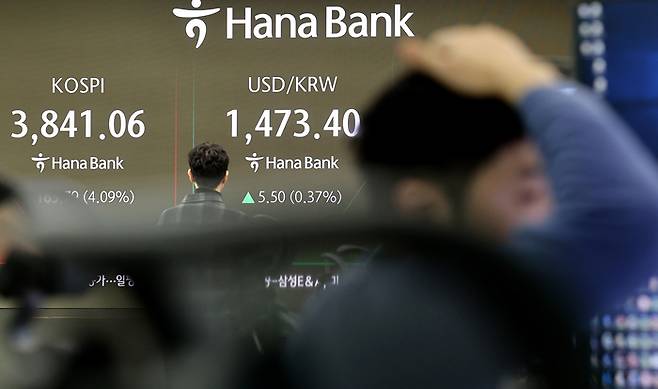 21일 서울 중구 하나은행 본점 딜링룸 현황판에 코스피 지수가 표시돼 있다. [연합뉴스]