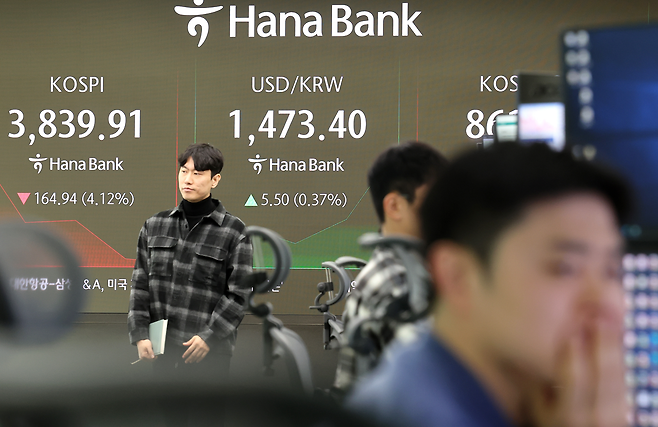 21일 서울 중구 하나은행 본점 딜링룸 현황판에 코스피 지수가 표시돼 있다. [연합]
