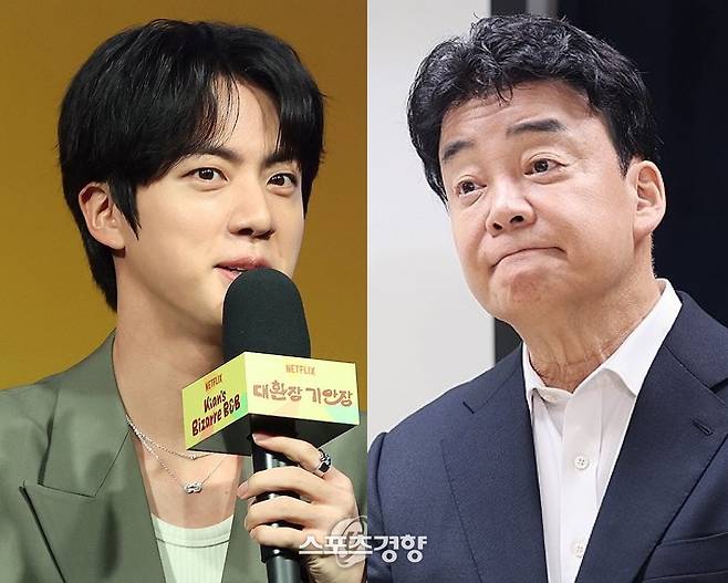 방탄소년단 멤버 진(왼쪽)과 더본코리아 대표 겸 방송인 백종원. 경향신문 자료사진