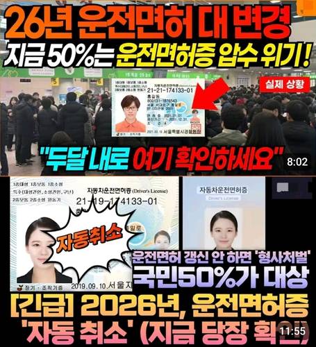 운전면허를 내년에 갱신하지 않으면 자동 취소된다는 내용의 가짜뉴스들 [유튜브 갈무리. 재판매 및 DB 금지]