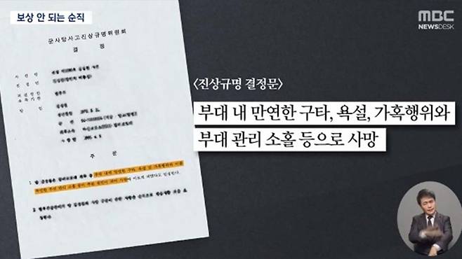 군 사망사고 진상규명위원회 결정문('23.12.23 뉴스데스크 「26년 만에 순직 인정됐지만‥보상금으로 또 '눈물'」)