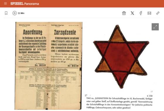 독일 노르트라인베스트팔렌주 노이스시에 위치한 펠츠만 경매장 카탈로그에 담긴 경매 물품 사진. 유대인 노란별 물품 관련해 “사용 흔적, 거의 안 보임!”이란 설명이 붙어있다. 슈피겔 캡쳐