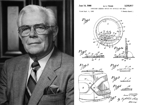 캔 뚜껑의 아버지 에멀 프레이즈. YES I CAN의 오바마 전 미국 대통령도 ‘캔 그 자체’인 이분의 존영 앞에서는 슬그머니 꼬리를 내릴 수밖에 없다. 오른쪽 특허 문서는 캔 뚜껑과 캔 용기를 결합한 최초의 발명품, 미국 특허 US3255917A ‘Container opening device for metallic can ends’ 되시겠다. [사진 출처=에멀 프레이즈 유족·구글 특허]