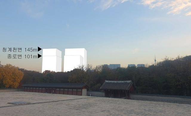 서울시의 세운재정비촉진지구 4구역 변경 고시를 근거로 국가유산청이 제시한 종묘 앞 고층건물 가상도. 국가유산청 제공