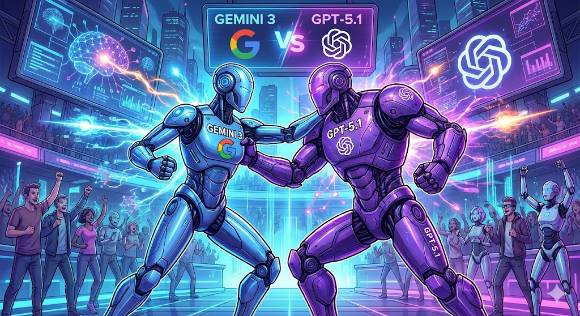 구글 제미나이3와 오픈AI GPT-5.1의 대결이라는 프롬프트로 제미나이가 제작한 이미지. [사진=제미나이 제작]