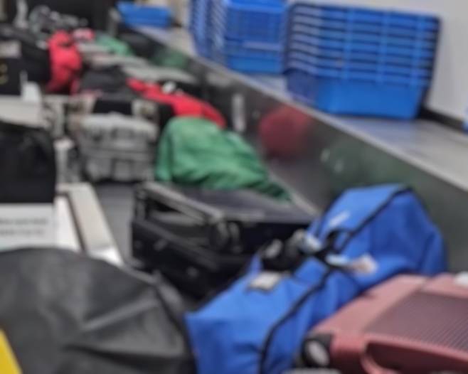 “걸리면 멈추고, 또 멈췄다”… 23일 제주공항 수하물 벨트 앞에 쌓인 가방들. 멈춤이 수십 차례 반복됐다는 현장 직원의 설명과 같은 장면이다.