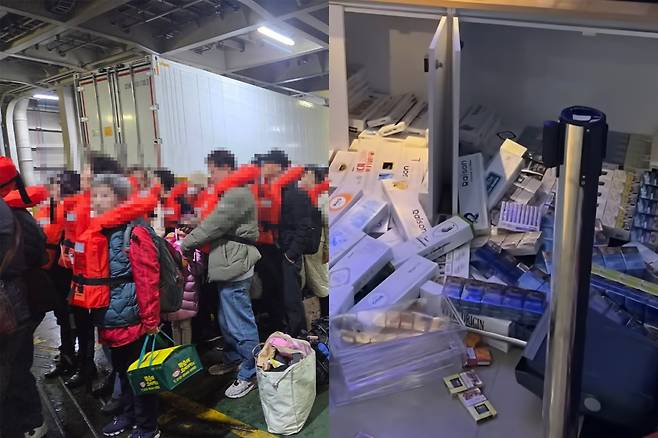 지난 19일 오후 전남 신안군 장산면 족도에서 승객 267명을 태운 여객선이 좌초돼 승객들이 구조를 기다리고 있다. 오른쪽은&nbsp;좌초 당시 충격으로 아수라장이 된 여객선 내부 매점 모습.&nbsp;목포해양경찰서 제공·YTN 보도화면 캡처