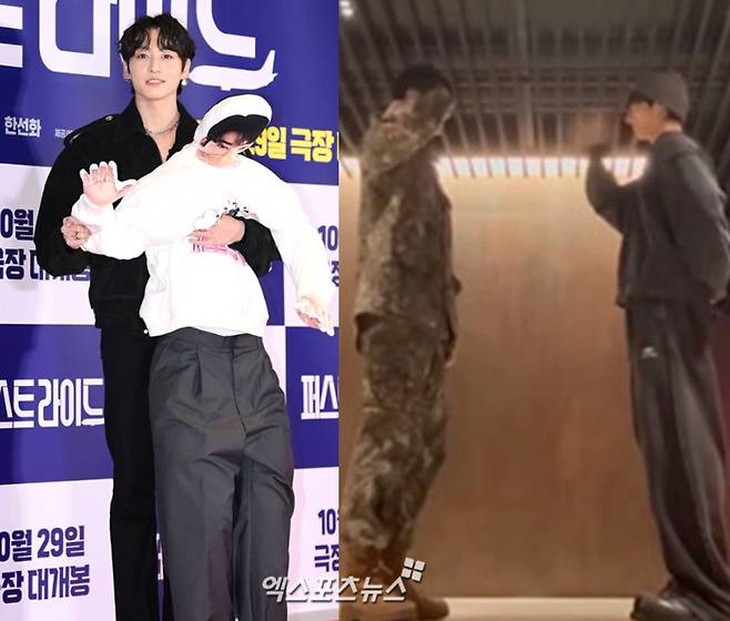 영화 '퍼스트 라이드' VIP시사회에서 차은우 인형을 들고 있는 정국. 챌린지를 찍은 정국과 차은우