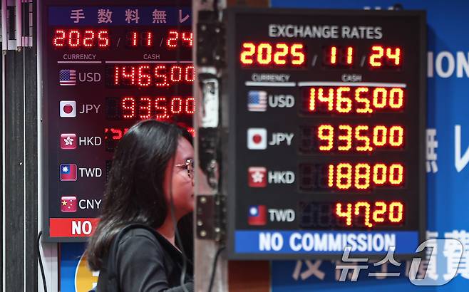 원·달러 환율이 고공행진을 이어가는 24일 서울 중구 명동거리의 환전소에 환율정보가 표시돼 있다. 2025.11.24/뉴스1 ⓒ News1 김도우 기자