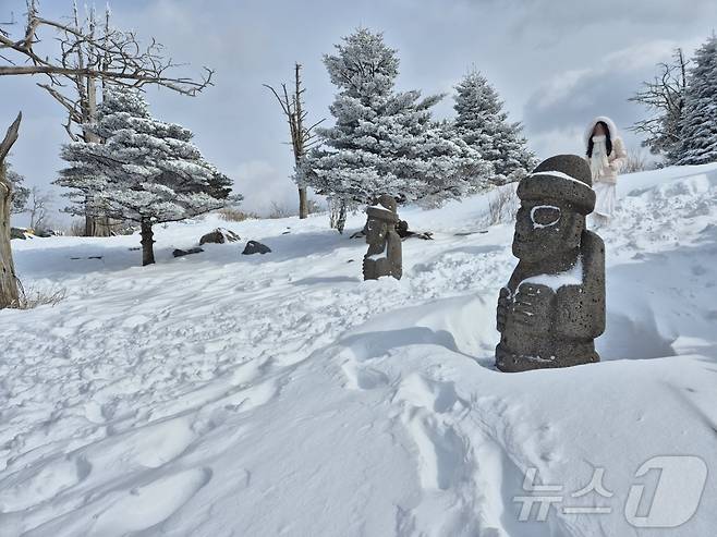 강원 산지와 동해안에 많은 눈이 내린 17일 오후 평창군 발왕산 모나 용평 리조트에서 발왕산 케이블카 정상부에서 나들이객들이 설경을 즐기고 있다. 2025.3.17/뉴스1 ⓒ News1 윤왕근 기자
