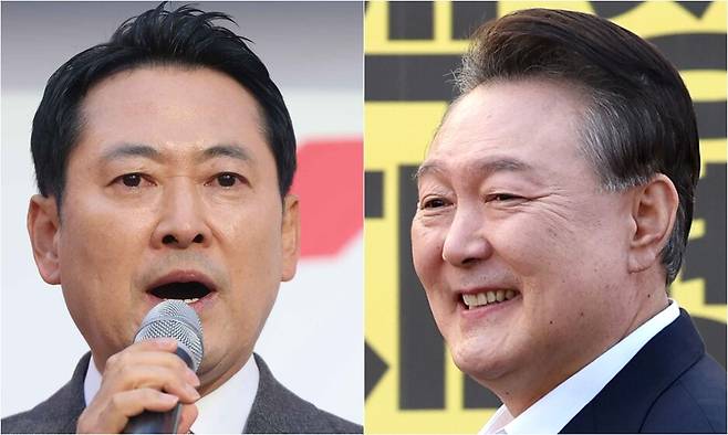 장동혁 국민의힘 대표(왼쪽)가 지난 23일 경남 창원시 성산구 중앙동에서 열린 ‘민생회복 법치수호 국민대회’에 참석해 발언하고 있다. 오른쪽은 지난 3월8일 경기 의왕시 서울구치소에서 석방될 때의 윤석열 전 대통령. 연합뉴스, 김영원 기자 forever@hani.co.kr