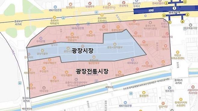 광장시장과 광장전통시장 구역도 [종로구 제공]