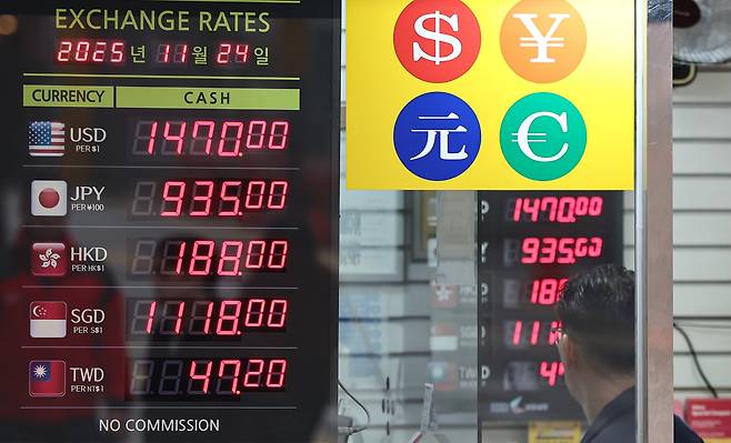 원·달러 환율이 고공행진을 이어가는 가운데 지난 24일 서울 중구 명동거리의 환전소에 환율정보가 표시돼 있다. /뉴스1