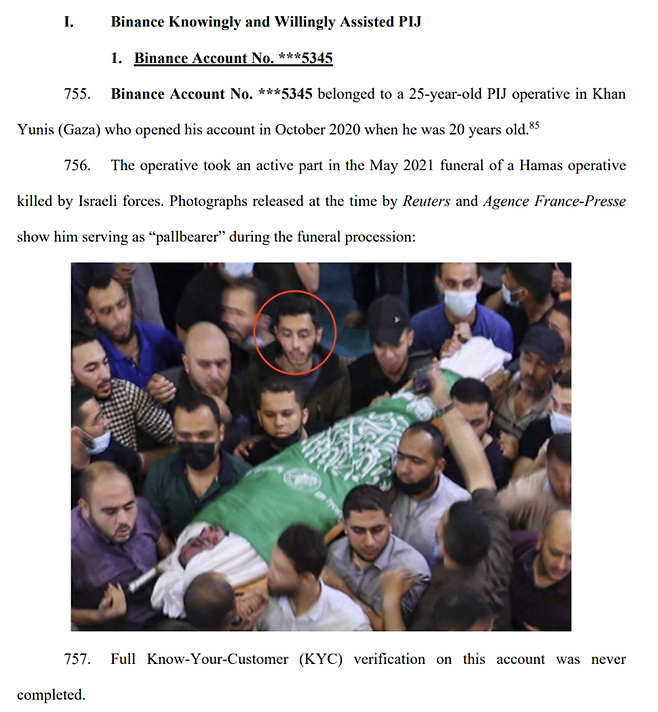 팔레스타인 이슬라믹 지하드(PIJ) 요원으로 알려진 바이낸스 계정 소유자(Binance Account No. ***5345)의 사진. 2021년 5월 하마스 요원의 장례식에서 운구자로 활동하는 모습이다. [출처=미국 노스다코타 연방법원]