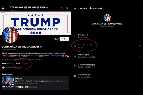 트럼프를 공개적으로 지지하는 보수 성향의 계정. 소유주는 아프리카 나이지리아에 있는 것으로 드러났다. [엑스]