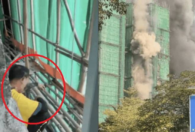 26일 일어난 홍콩 아파트 단지 화재 전 아파트 외벽에서 리모델링 공사를 하던 건설 노동자들이 담배를 피우는 모습이 목격된 것으로 나타났다. (사진=엑스 캡처)