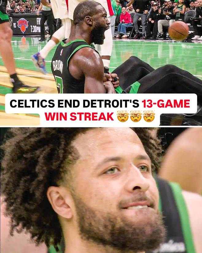 27일 보스턴 TD 가든에서 열린 보스턴와 디트로이트의 2025~26 NBA 경기. 보스턴이 접전 끝에 117-114로 이기며 디트로이트의 14연승을 가로막았다. 환호하는 보스턴 브라운(위)와, 희비가 엇갈린 디트로이트 커닝햄(아래). 사진=ESPN SNS