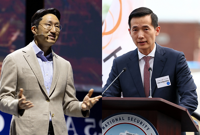 HD Hyundai Chairman Chung Ki-sun (left) and Hanwha Group Vice Chairman Kim Dong-kwan  (HD Hyundai, Newsis)