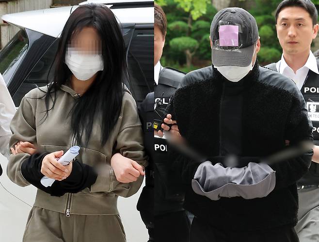 A woman surnamed Yang, left, and her partner, a man surnamed Yong, accused of blackmailing footballer Son Heung-min, attend a warrant hearing at Seoul Central District Court in Seocho District, southern Seoul, on May 17. [NEWS1]