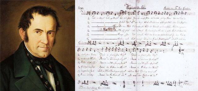 ‘고요한 밤, 거룩한 밤’의 작곡자 프란츠 그루버의 1846년 초상화와 그루버가 자필로 작성한 악보. 위키미디어 커먼즈, 오스트리아관광청 제공