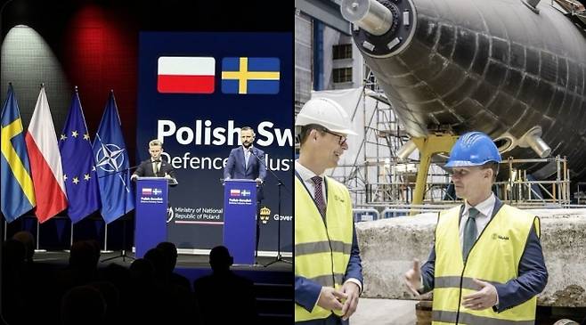 폴란드-스웨덴 방산 협력 포럼에서 양국 국방장관이 공동 기자회견을 하고(왼쪽) 스웨덴 코쿰스 조선소에서 사브의 A26 ‘블레킹급’ 잠수함 건조 현장을 둘러보고 있다. 폴란드는 이번 사업을 통해 스웨덴과의 해양 안보 협력을 강화할 방침이다. 폴란드 국방부·사브