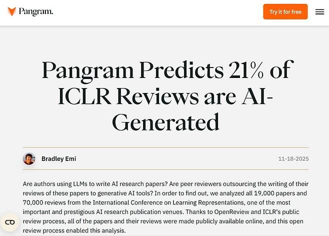 AI 텍스트 탐지 업체 ‘팬그램랩스가 ICLR에 제출된 논문 1만9490편과 심사평 7만5800개를 모두 분석해서 결과를 자사 블로그에 공개했다. 그 결과 논문 심사평의 21%rk 순전히 AI로만 작성된 것으로 드러났다. /팬그램랩스 블로그 캡처