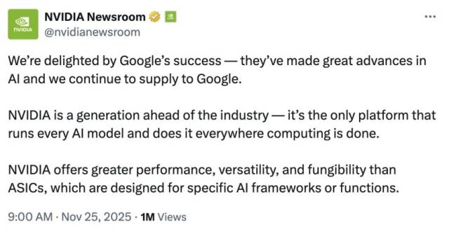 엔비디아가 지난 25일(현지 시간) X(옛 트위터) 자사 공식 계정에서 구글의 최근 성과를 평가한 게시물. 사진 제공=엔비디아 X 캡처