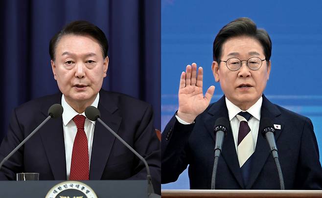 2024년 12월3일 밤 윤석열 당시 대통령이 서울 용산 대통령실 청사에서 긴급 대국민 특별 담화를 하고 있다(오른쪽). 이재명 대통령이 6월4일 서울 여의도 국회 의사당에서 제 21대 대통령 취임선서를 하고 있다. ⓒ연합뉴스·시사저널 이종현