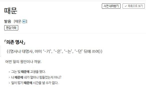 '때문'에 대한 사전의 정의 표준국어대사전 캡처