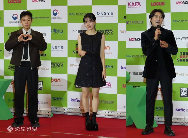 제7회 대전특수영상영화제(7th Daejeon Special FX Festival) 'DFX OTT어워즈'가  11월 28일 대전 ICC호텔에서 열린 가운데 시상식에 참석한 배우들이 포토라안 앞에서 포즈를 취하고 있다.(왼쪽부터)박재찬, 이재인, 이필모