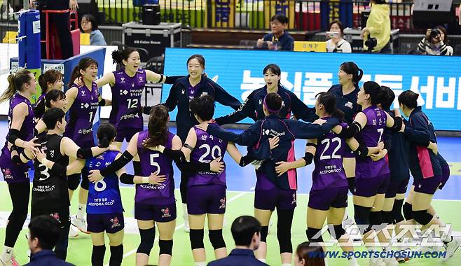 29일 수원체육관에서 열린 배구 V리그 여자부 흥국생명과 현대건설의 경기. 흥국생명이 현대건설에 세트스코어 3-0으로 승리했다. 경기 종료 후 승리의 기쁨을 나누고 있는 흥국생명 선수들. 수원=송정헌 기자songs@sportschosun.com/2025.11.29/