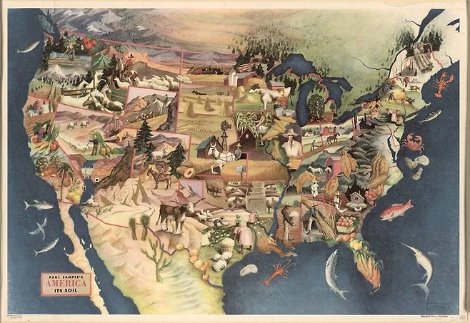 “풍요의 땅 미국에서 농사지으세요.” 농업 관점에서 그려진 미국 지도.