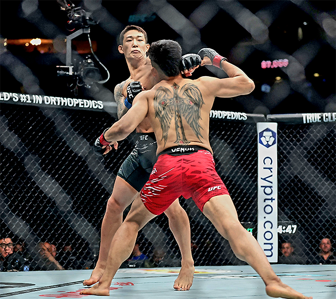 유주상이 2025년 6월 미국 뉴저지주 뉴어크 프루덴셜 센터 UFC 316 제3경기에서 제카 사라기를 1라운드 KO 시키고 있다. 사진=Getty Images=연합뉴스 제공