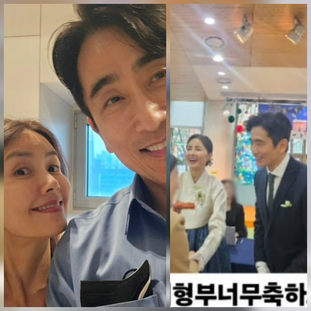 차인표·신애라 부부가 한복을 차려입고 혼주로 서서 하객을 맞이하는 모습이 공개되며 큰 관심을 모았다.사진=홍현희 SNS