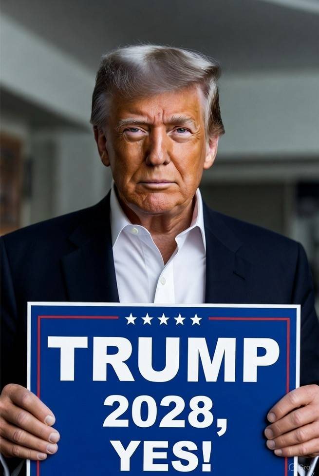 '트럼프 2028'이라고 적힌 피켓을 든 트럼프 이미지 [트럼프 트루스소셜 계정 캡처 재판매 및 DB금지]