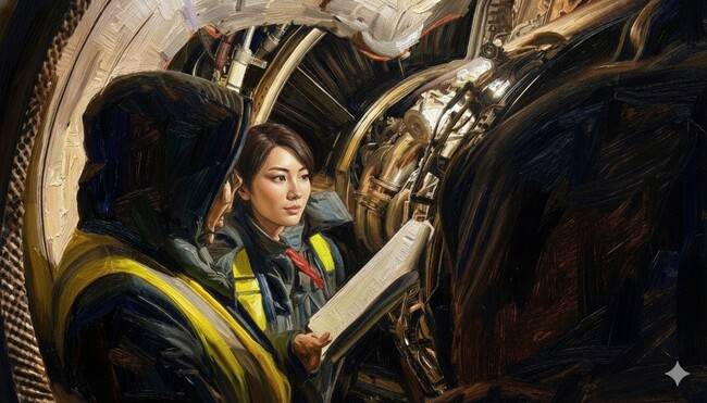 장강명 작가가 전지혜 과장의 설명을 토대로 생성형 인공지능 제미나이(Gemini)에 “항공기 엔진을 내시경으로 검사 중인 항공정비 검사원들의 모습을 유화풍으로 그려줘”라는 지시어를 입력해 얻은 이미지.