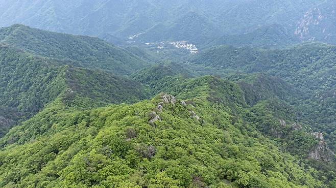2025년 5월25일 오색케이블카 4번 지주 일대. 멀리 오색마을이 내려다보인다. 아직 국립공원 내 공사는 시작조차 못한 상황이다. 설악산국립공원지키기국민행동 제공