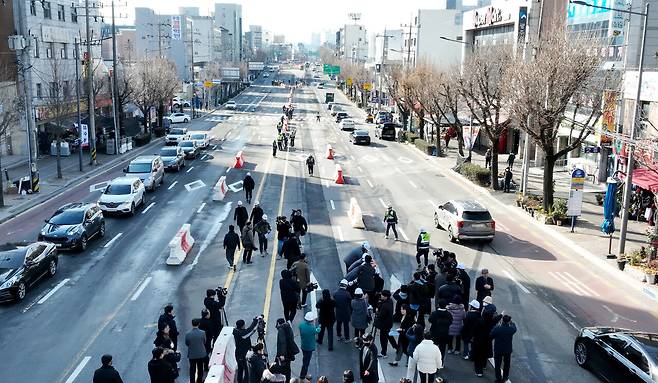 광주도시철도 2호선 1단계 구간 중 일부인 광주광역시 동구 산수오거리 도로의 모습.&nbsp;&nbsp;ⓒ무등일보
