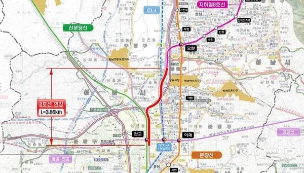 ‘지하철 8호선 판교 연장’ 예정 노선도. /경인일보DB