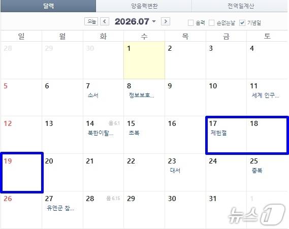 7월17일 제헌절이 '공휴일'로 부활될 예정이다. 출처=네이버달력