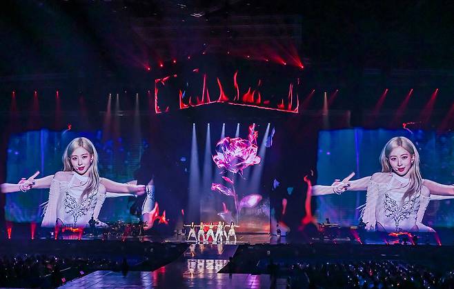 Girl group NMIXX performs during its first world tour, ″Episode 1: Zero Frontier,″ held at Inspire Arena in Incheon on Nov. 29 and 30. [JYP ENTERTAINMENT]