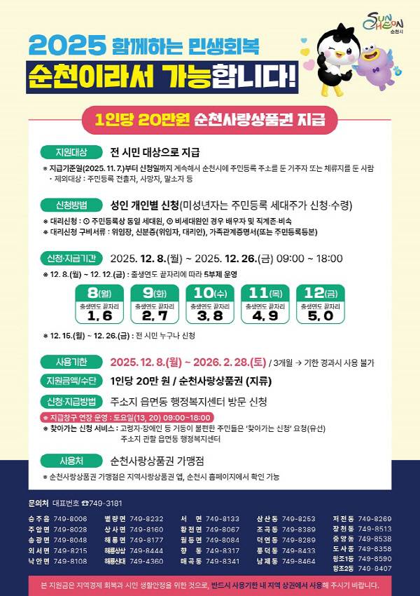 순천시 민생회복지원금 20만원 지급 안내문. 순천시 제공
