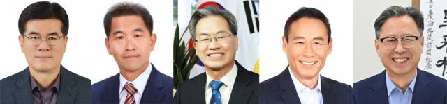 2026년 지방선거 영양군수 출마 예정자로 거론되고 있는 인물들의 모습. 사진 왼쪽부터 권영택(63·국민의힘) 전 영양군수, 김석현(55·국민의힘) 영양군의원, 오도창(65·국민의힘) 영양군수, 김상훈(56) 더불어민주당 경북도당 사회적경제위원장, 김병곤(58) 경북도 문화관광체육국장.(국민의힘·더불어민주당·무소속 순, 가나다 순)