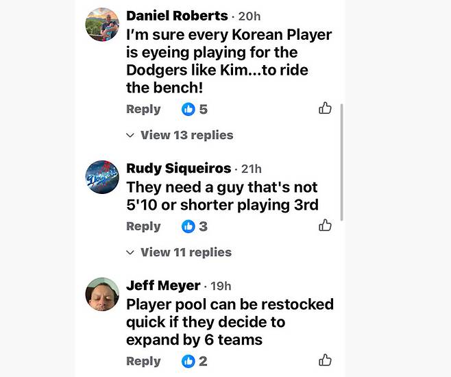 (송성문에 대해 부정적인 반응을 보인 미국현지 팬들의 댓글 | 사진=다저블루SNS)