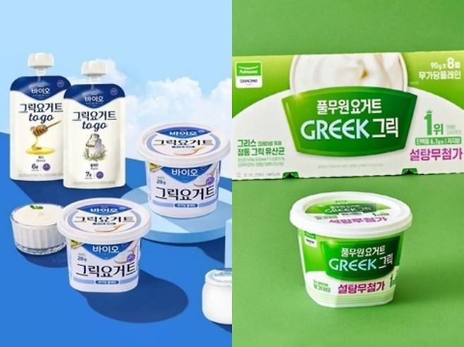 매일유업 바이오 그릭요거트(왼쪽)와 풀무원다논의 그릭요거트(매일유업·풀무원다논 제공)