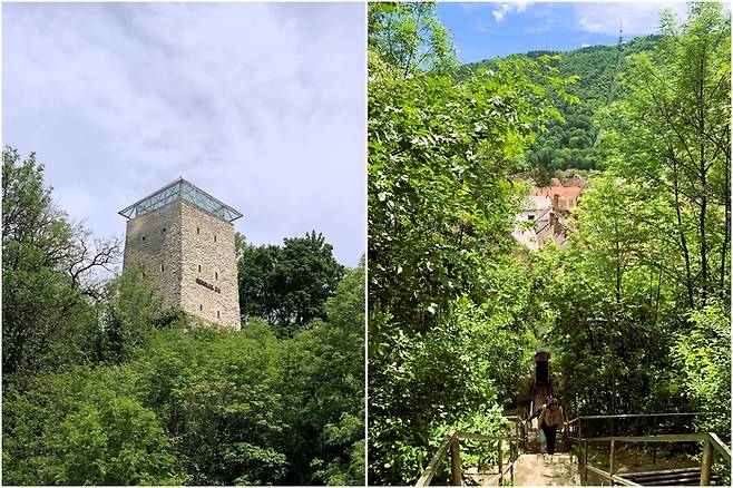 (좌) 15세기 중세 브라소브 성벽 밖에 지은 감시탑인 블랙 타워 (우) 화이트 타워로 가는 계단