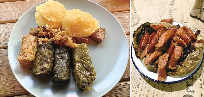 (좌)루마니아 전통요리인 사르말레 (우)소시지를 얹은 구운 감자요리인 카르토프 콥트