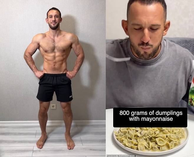 누얀진의 생전 모습. 왼쪽처럼 건강한 몸을 가지고 있었지만, 하루 1만kcal 이상 폭식을 이어나가다 결국 심장에 무리가 갔다. 인스타그램 @dmitryfit