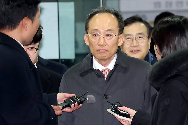 국민의힘 추경호 의원이 3일 서울 서초구 서울중앙지방법원에서 열린 구속영장 실질심사를 마친 뒤 법정을 나서고 있다. /장경식 기자