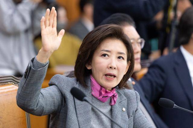 3일 서울 여의도 국회에서 열린 제429회국회(정기회) 법제사법위원회 제16차 전체회의에서 나경원 국민의힘 의원이 의사진행 발언권을 신청하고 있다. 뉴스1